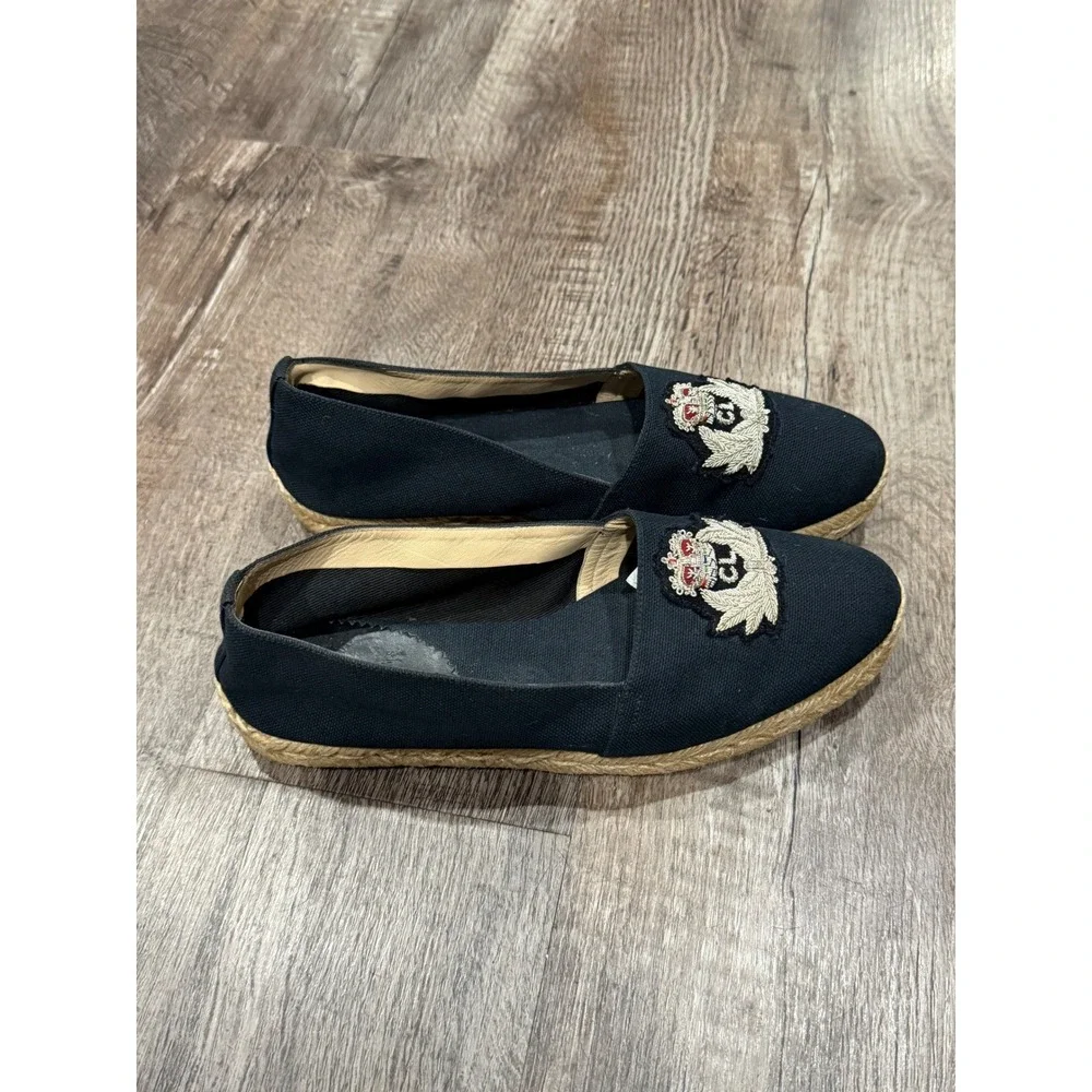 Christian Louboutin Black Canvas Crest Embroidered Espadrille Flats Red Bottoms